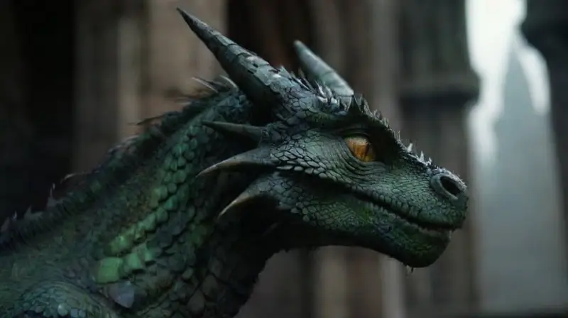 Emerald dragon coils around gothic cathedral