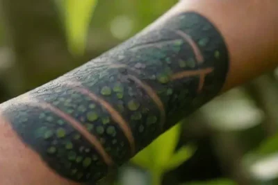 Close-up of detailed Polynesian tattoo skin