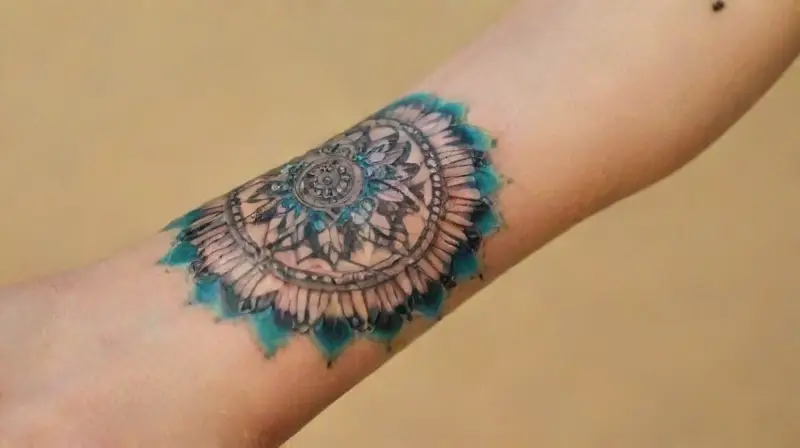 Close-up of mandala tattoo on forearm