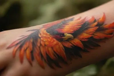 Realistic phoenix tattoo with mythical forest backdrop