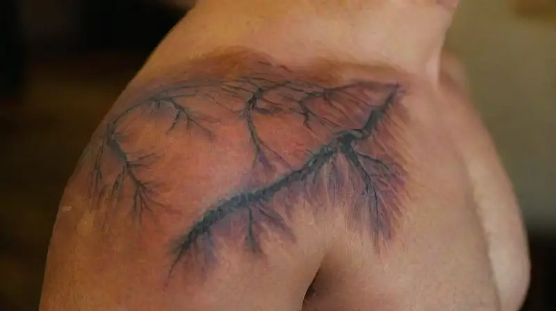 Close-up of realistic tattooed human shoulder