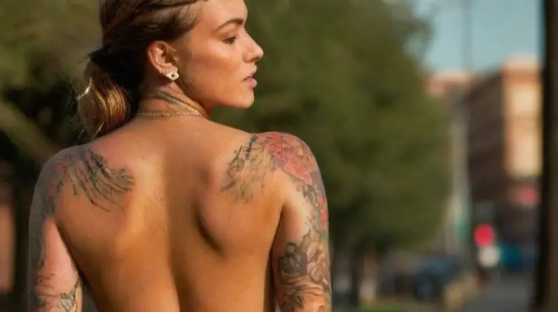 Diverse group showcasing vibrant tattoos outdoors