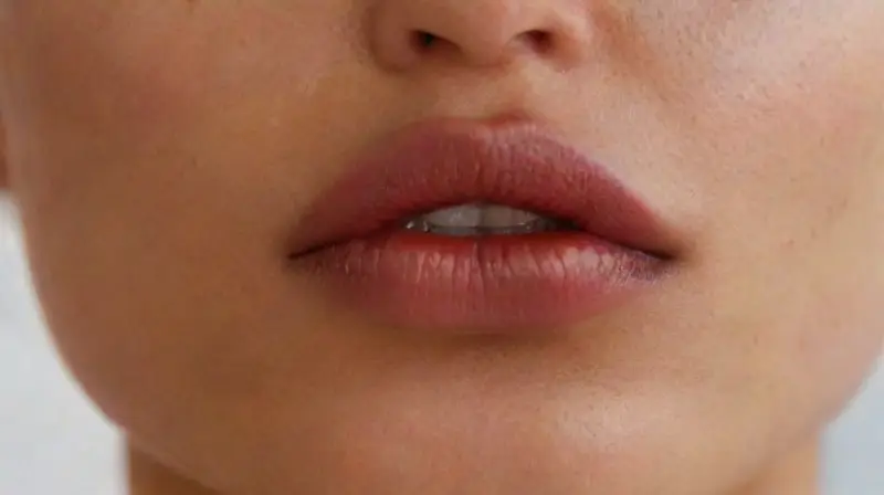 Close-up of face with silver lip piercings
