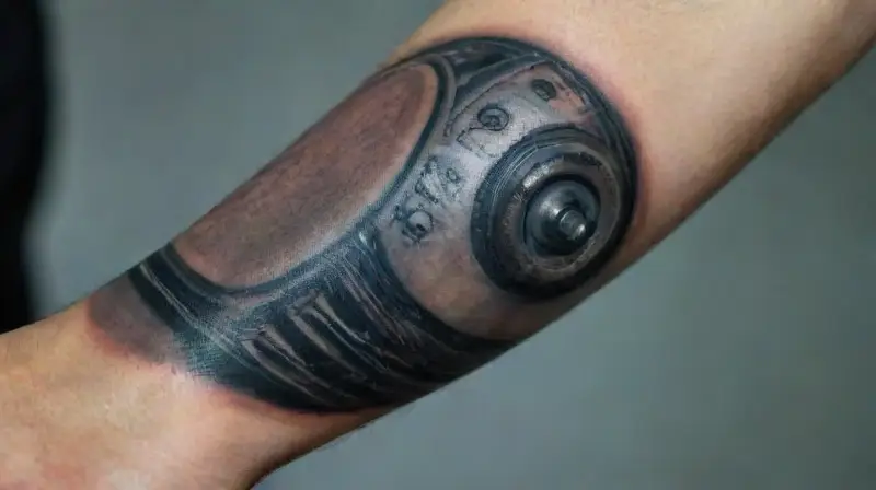 Realistic biomechanical tattoo on lifelike arm