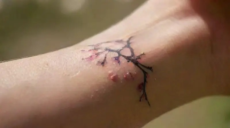 Detailed tattoo of cherry blossoms on wrist