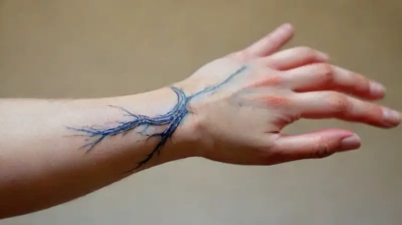 Close-up of wrist with detailed tattoo outline