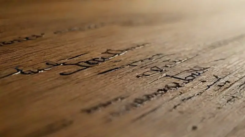 Engraved quote on weathered wood surface