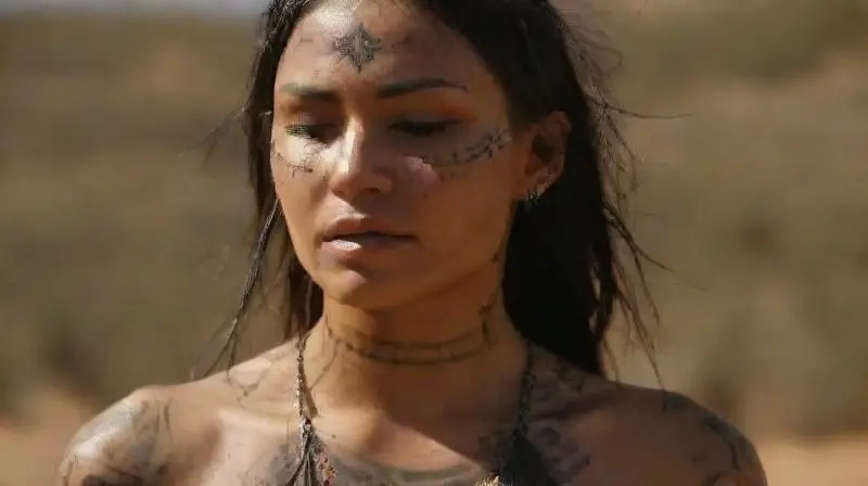 Native American woman with tattoos and jewelry