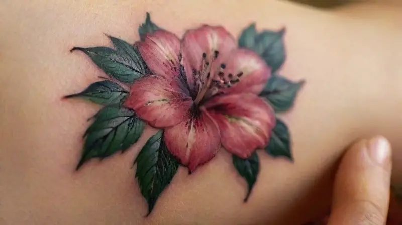 Close-up of vibrant, realistic flower tattoo