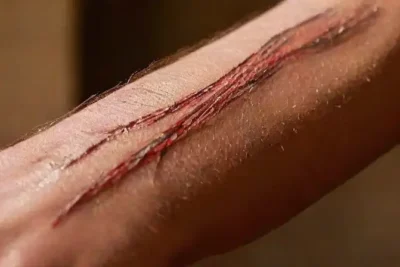 Close-up of intricately scarred